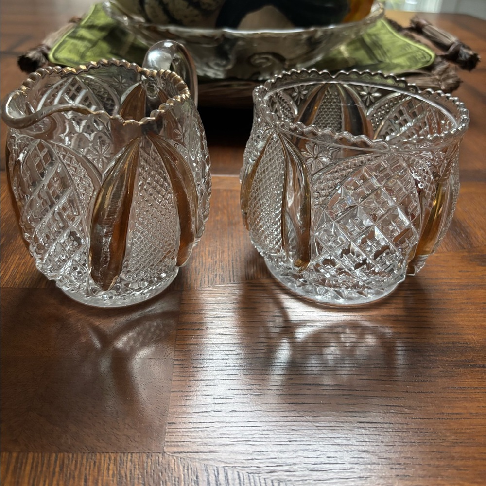 Antique EAPG Creamer,Sugar and bowl Pressed Glass with Gold Trim